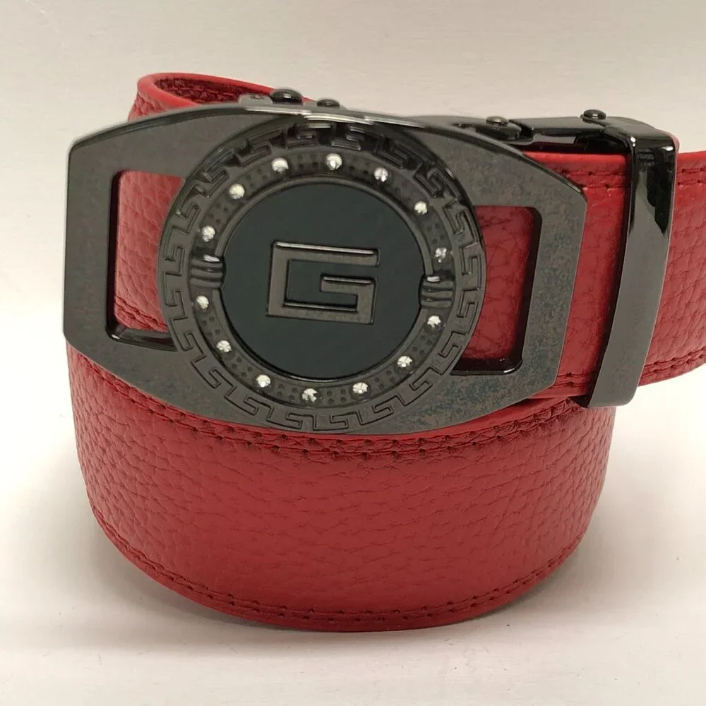 Red Leather Ratchet Belt Automatic Buckle Fits 28in-50in Blue Adjustable Men New
